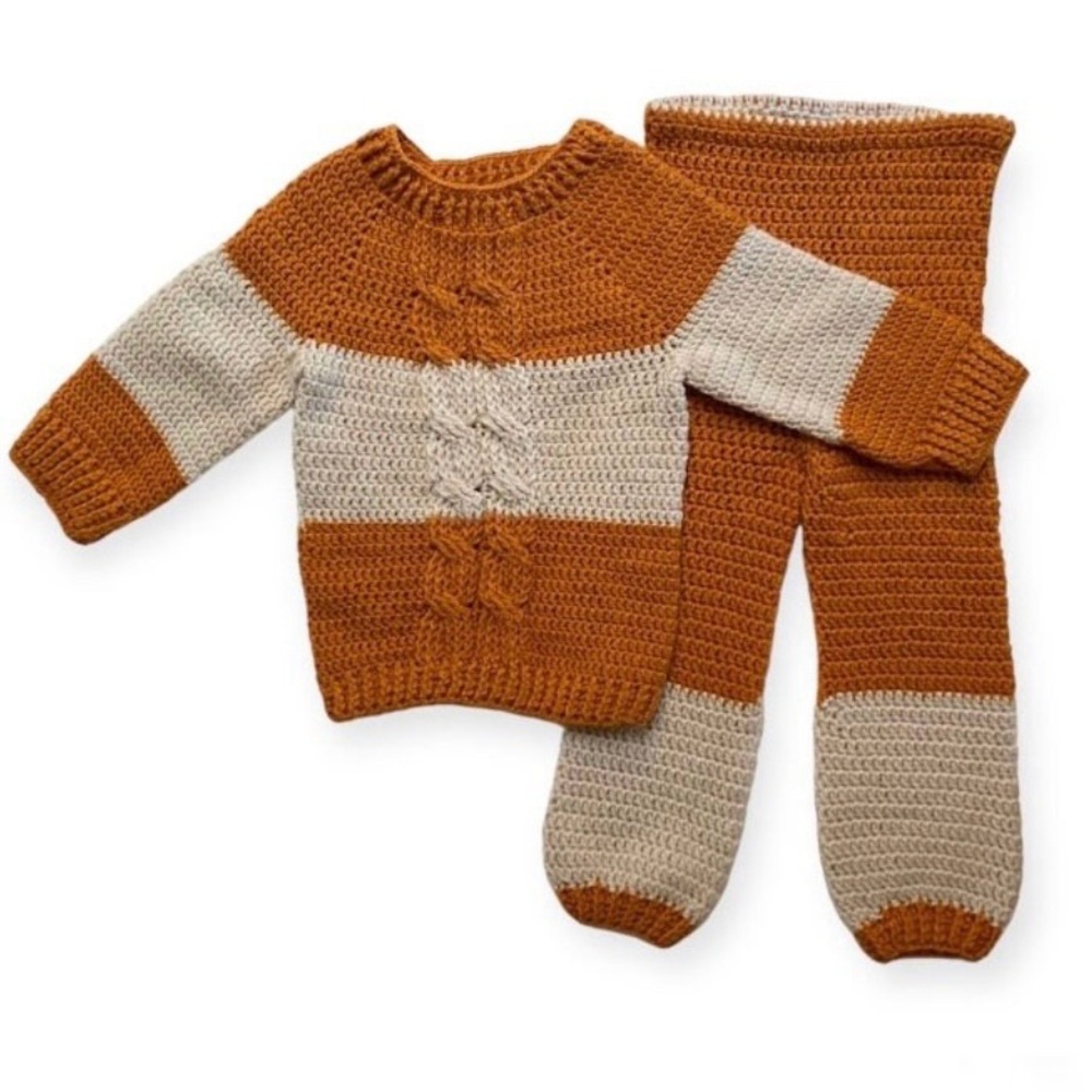 Children's Hand Knitted Sweater and Pants Set Orange Cream Striped Cable Knit